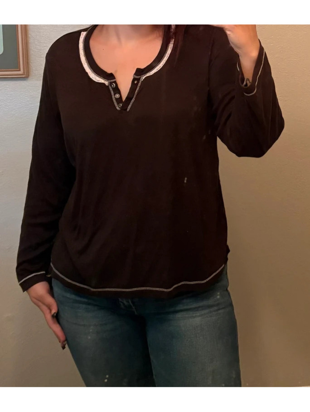 Brown with pinky lace trim long sleeve y2k henley